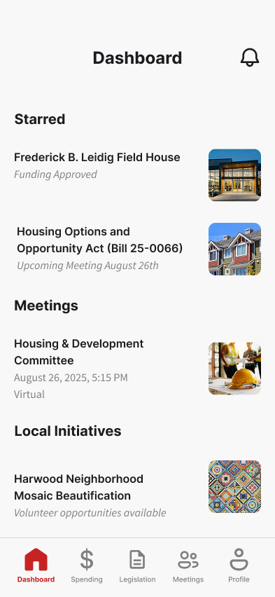 CivicPulse Dashboard: starred bills, an upcoming committee meeting, and a local neighborhood initiative