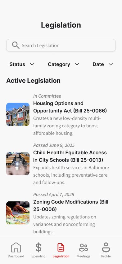 CivicPulse Legislation: active bills with plain-language status like In Committee or Passed, next to a short summary