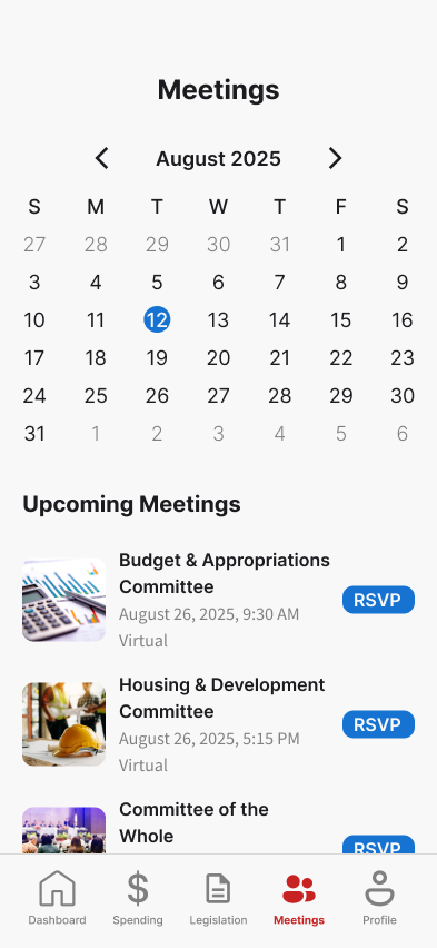CivicPulse Meetings: a monthly calendar above a list of upcoming meetings, each with a one-tap RSVP button