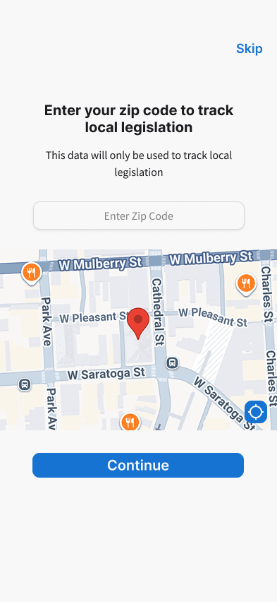 CivicPulse Onboarding: a ZIP code prompt stating the data is only used to track local legislation, with a visible Skip link