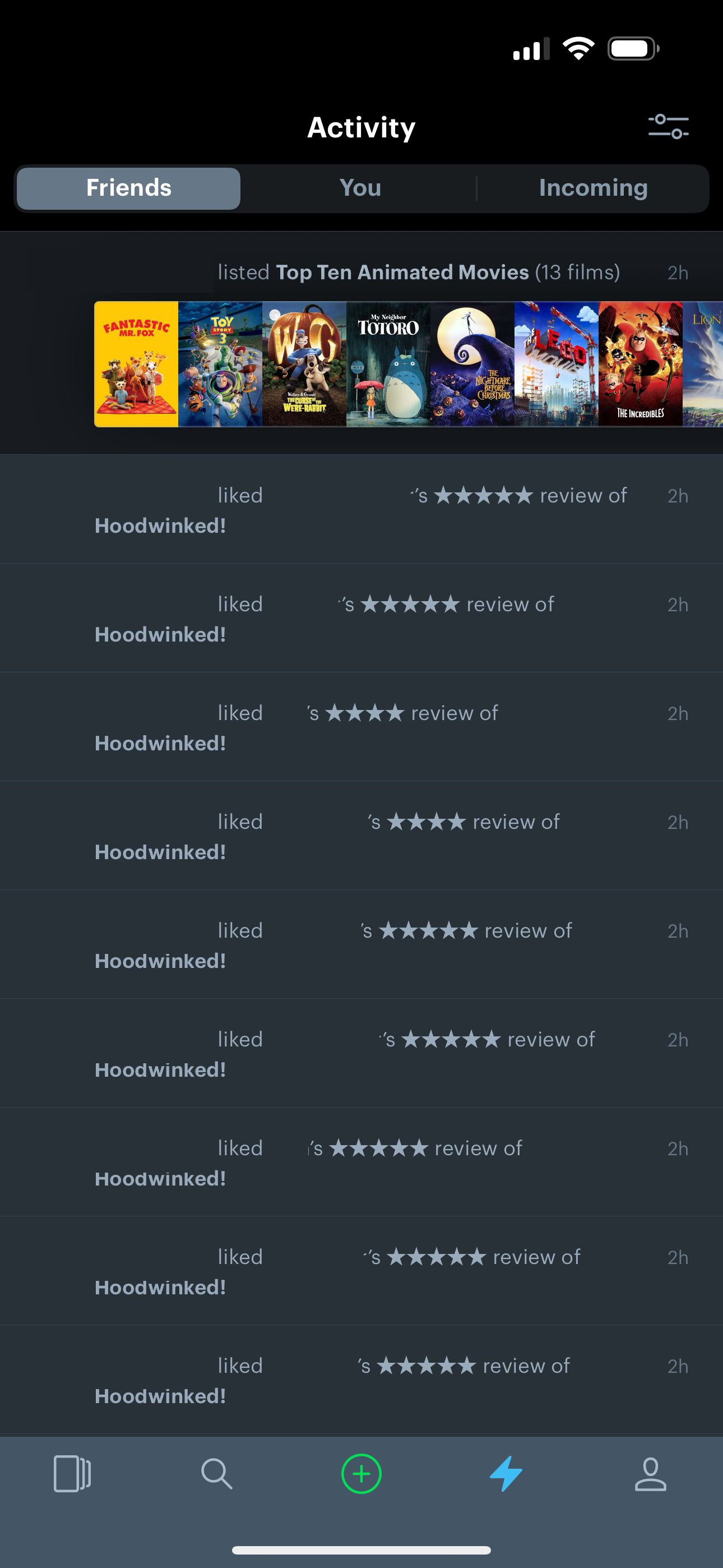 Current Letterboxd Activity tab: one undifferentiated feed of likes, ratings, and reviews with no dedicated social entry point