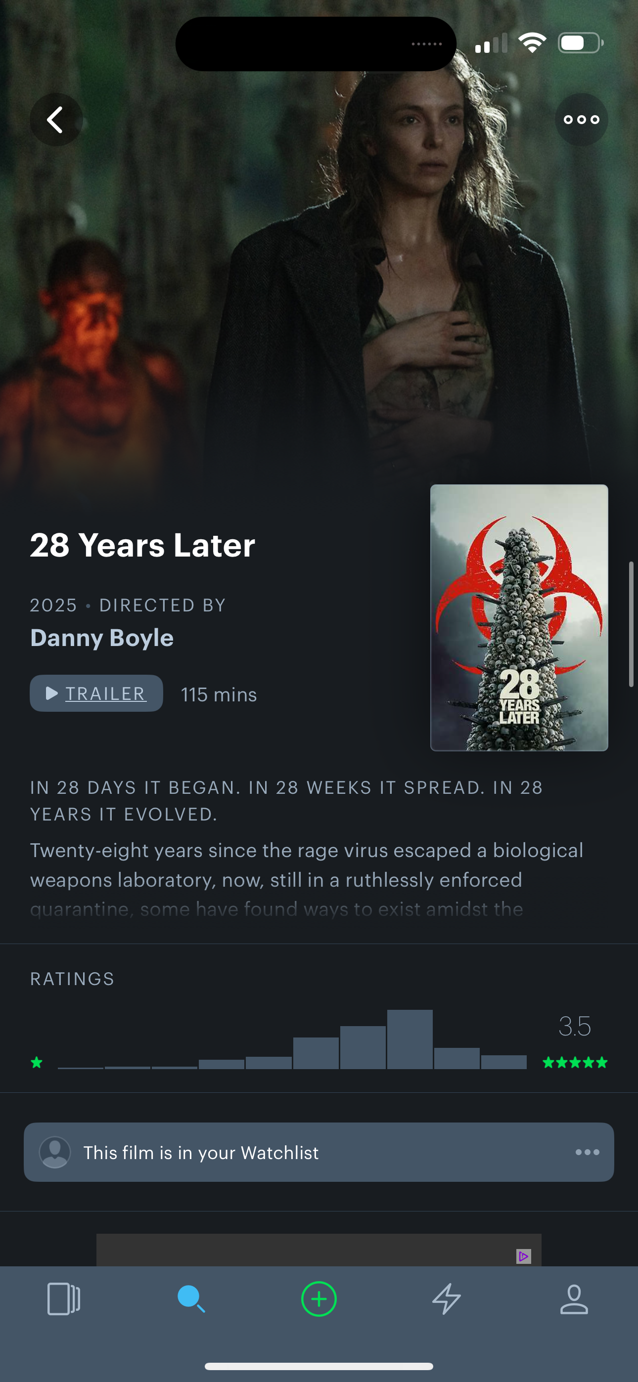 Current Letterboxd film detail page for 28 Years Later: plain poster with no badges or ratings context on the artwork itself