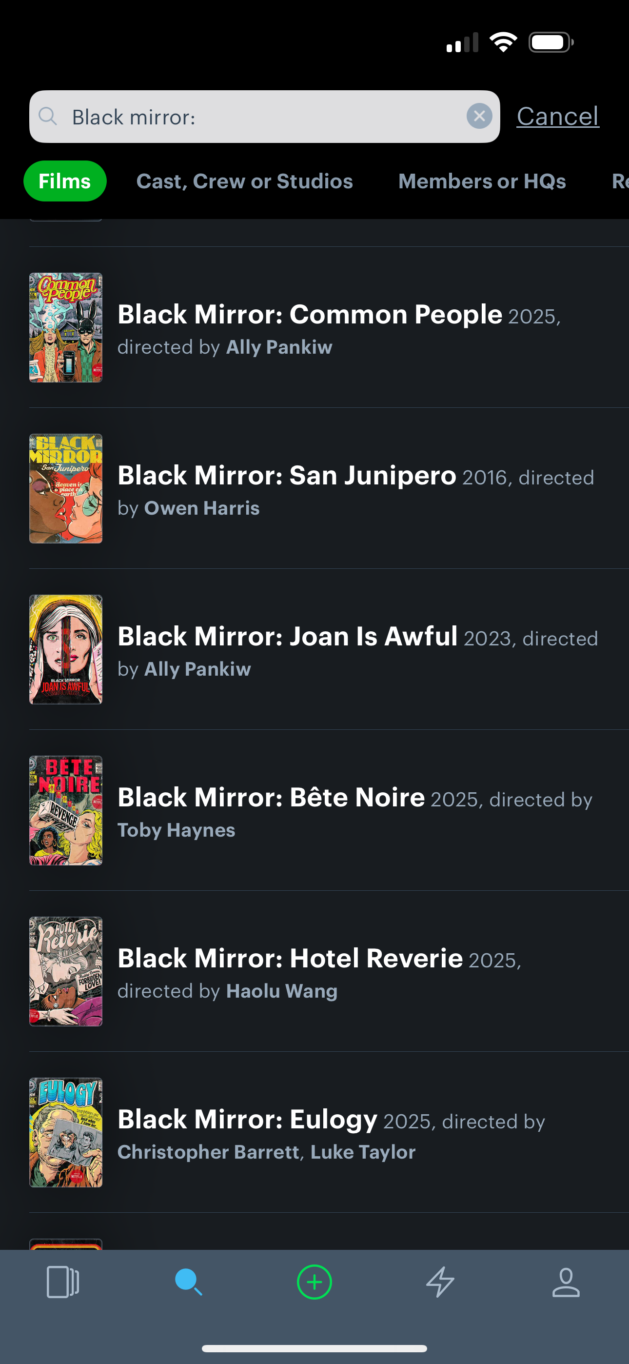 Current Letterboxd search results for a TV show, listing individual episodes as flat film-style entries with no season or show-level view