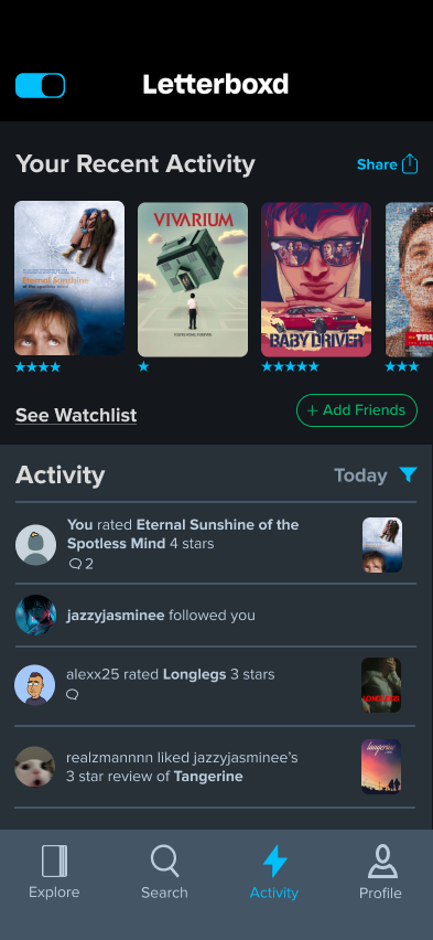 Redesigned Activity tab: friends' recent posters and an Add Friends button surfaced at the top, above a filterable activity list
