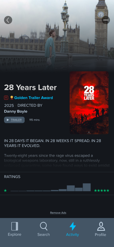 Redesigned film detail page for 28 Years Later: an award badge and content rating overlaid directly on the poster