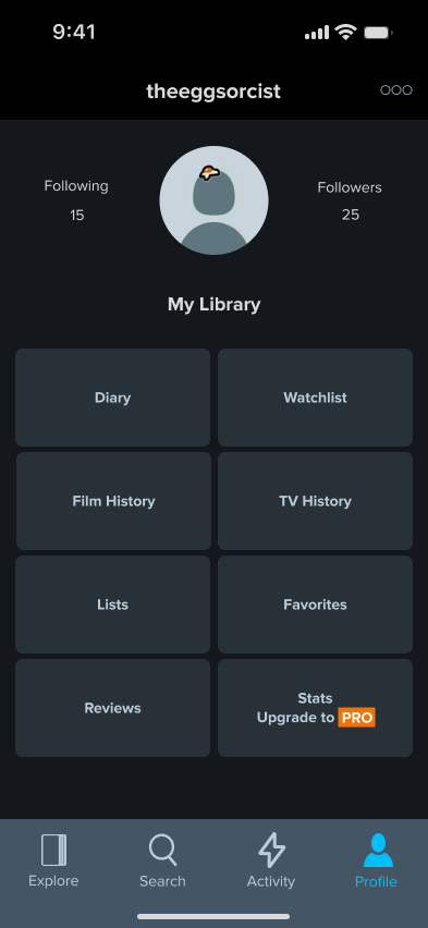 Redesigned profile: a My Library grid surfacing Diary, Watchlist, Film History, TV History, Lists, Favorites, Reviews, and Stats directly on the profile