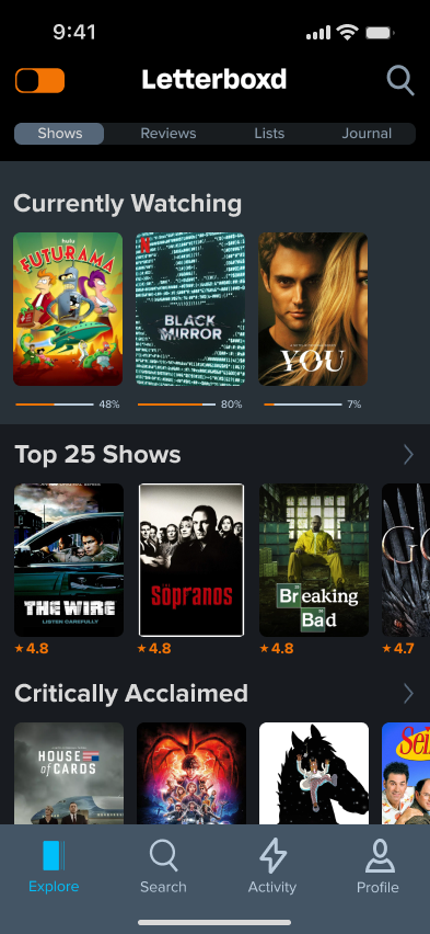 Redesigned Explore Shows tab: Currently Watching progress bars and a Top 25 Shows list, toggled from film mode