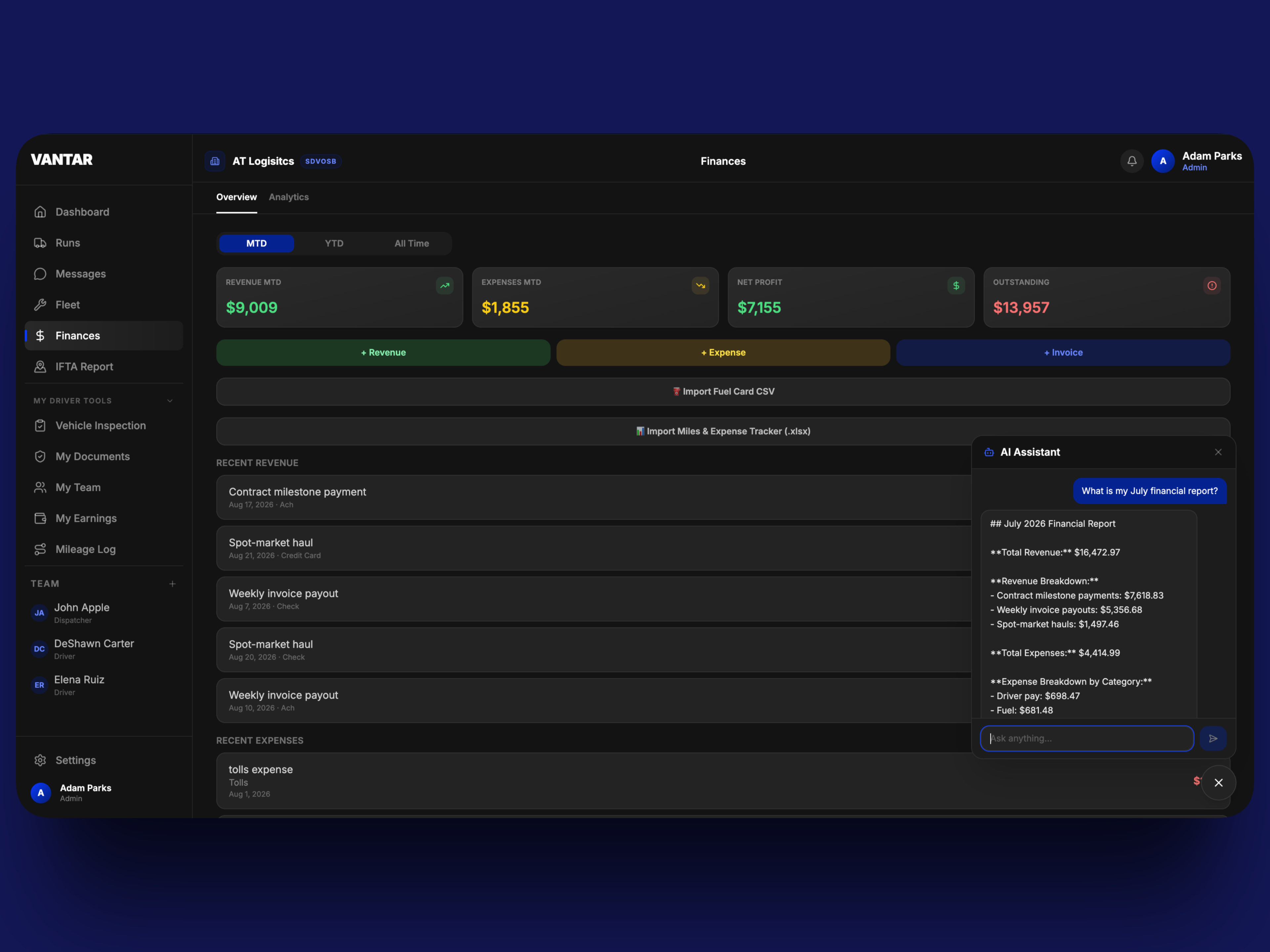 Vantar AI Assistant docked panel, answering a query about July 2026 financial data with a categorized summary