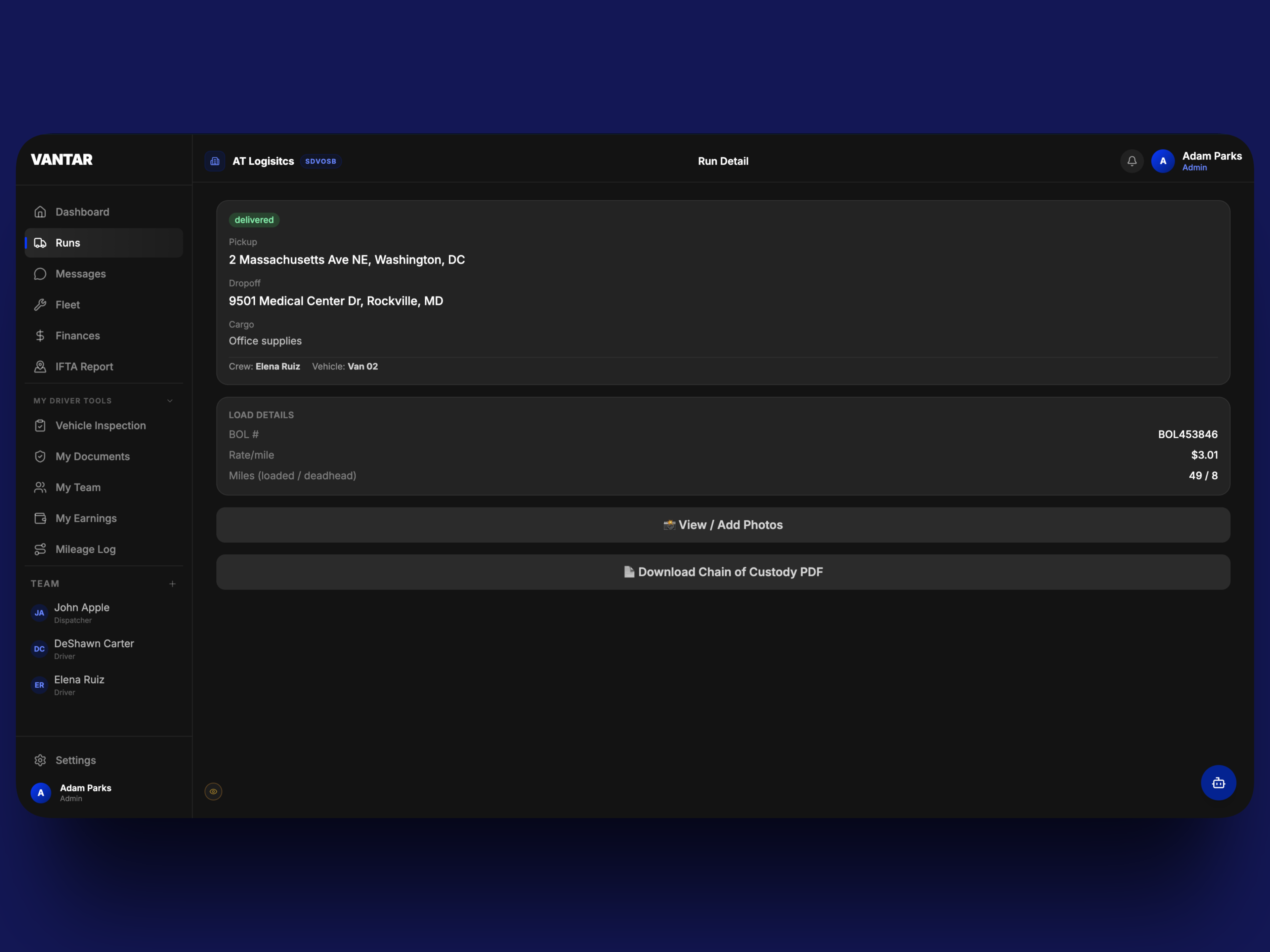 Vantar Run Detail page: delivered status, pickup, dropoff, and load details, with View/Add Photos and Download Chain of Custody PDF actions