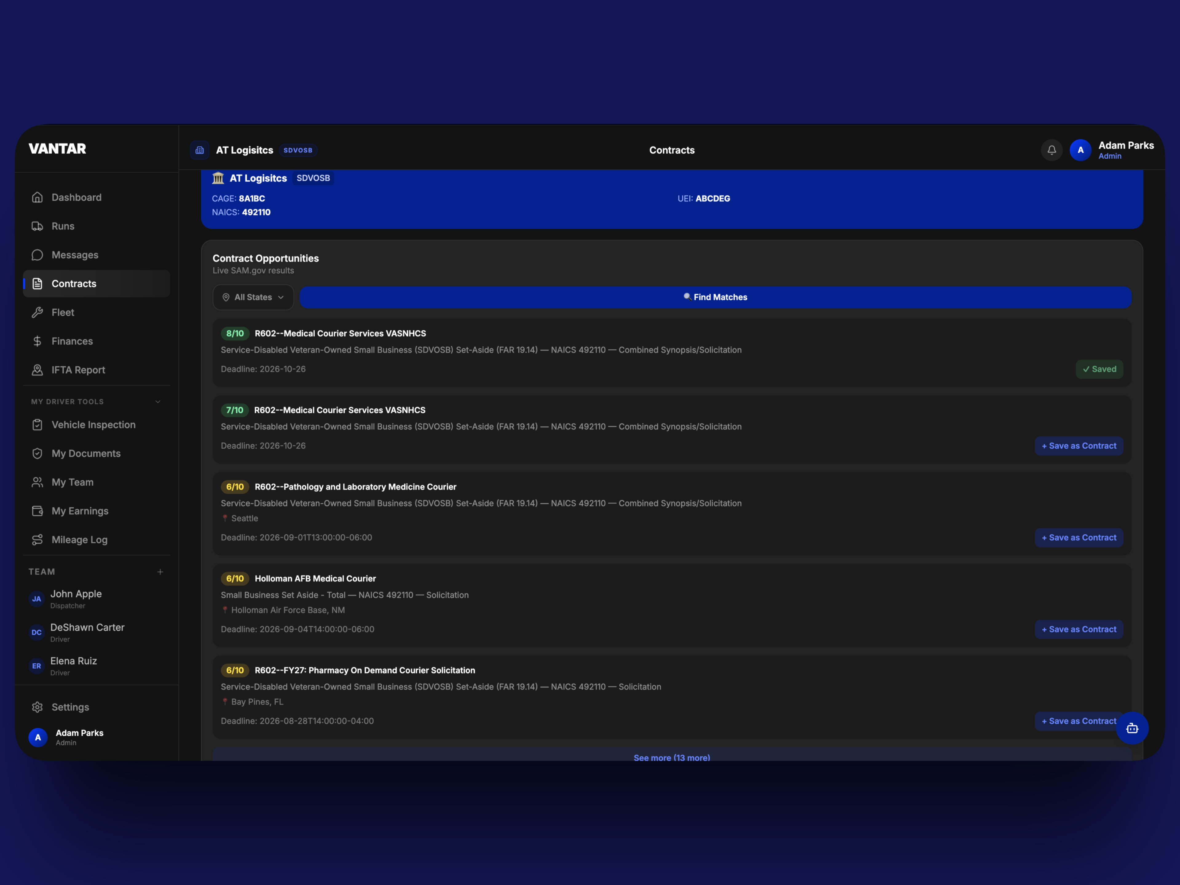 Vantar Contracts page: SAM.gov opportunity matches, scored against the company's NAICS codes, with a match-quality score and a one-click save-as-contract action