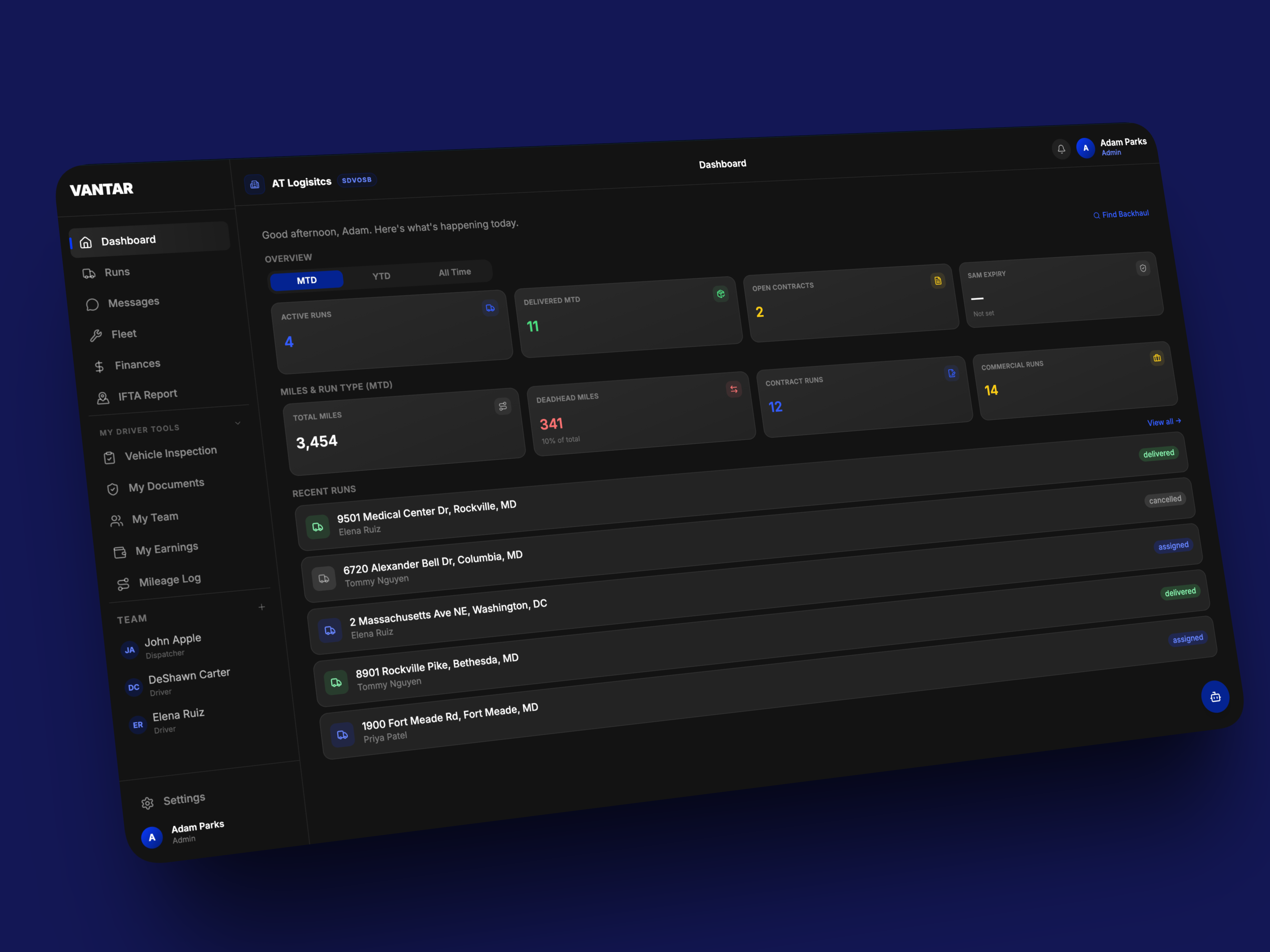 Vantar owner Dashboard: active runs, delivered-this-month, open contracts, SAM expiry, miles and run-type breakdown, and a recent-runs list